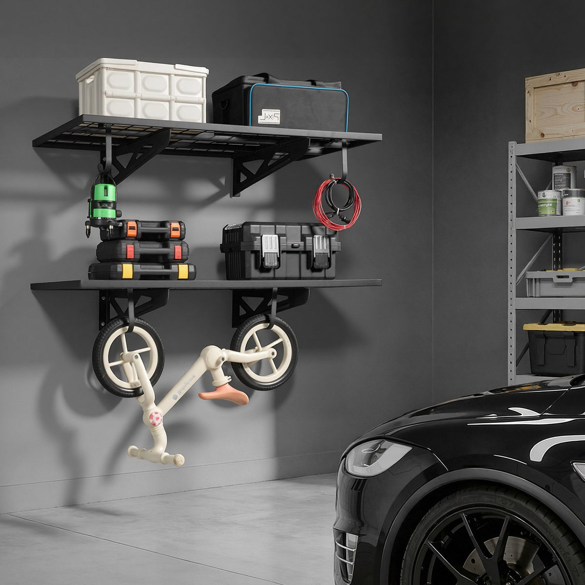 VEVOR 2-Tier Heavy Duty Wall Garage Shelving, 2 x 4 ft Steel Wall Mounted Shelving Unit with Hooks, 24 x 48 Inch Per Shelf Floating Storage Metal Rack for Garage, 500 lbs Total Weight Capacity, Black - CKGBGSWGJ244PAIE8001V0 - view 9
