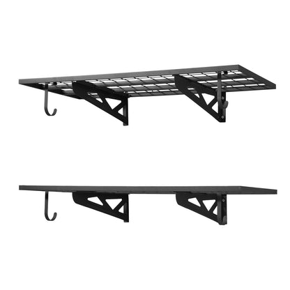 VEVOR 2-Tier Heavy Duty Wall Garage Shelving, 2 x 4 ft Steel Wall Mounted Shelving Unit with Hooks, 24 x 48 Inch Per Shelf Floating Storage Metal Rack for Garage, 500 lbs Total Weight Capacity, Black - CKGBGSWGJ244PAIE8001V0 - view 10