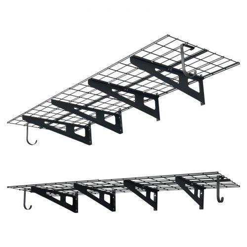 VEVOR 2-Tier Heavy Duty Wall Garage Shelving, 8 Pack 1 x 3 ft Steel Wall Mounted Shelving Unit with Hooks, 24 x 72 Inch Per Shelf Floating Storage Metal Rack, 1000 lbs Total Weight Capacity, Black - CKGBGSWGJ2475V9WE001V0 - view 2
