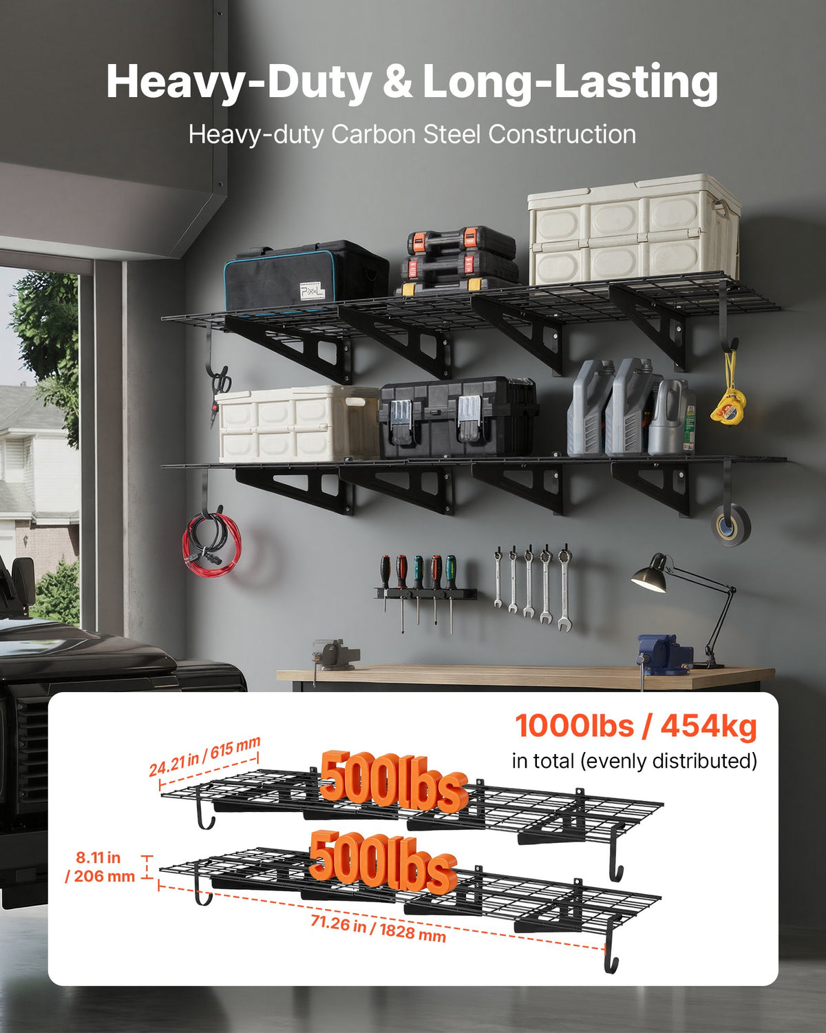 VEVOR 2-Tier Heavy Duty Wall Garage Shelving, 8 Pack 1 x 3 ft Steel Wall Mounted Shelving Unit with Hooks, 24 x 72 Inch Per Shelf Floating Storage Metal Rack, 1000 lbs Total Weight Capacity, Black - CKGBGSWGJ2475V9WE001V0 - view 3