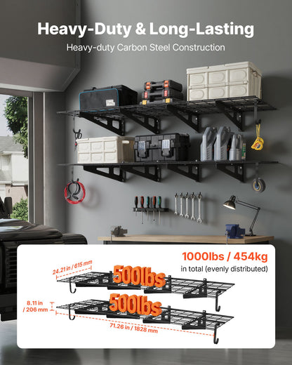 VEVOR 2-Tier Heavy Duty Wall Garage Shelving, 8 Pack 1 x 3 ft Steel Wall Mounted Shelving Unit with Hooks, 24 x 72 Inch Per Shelf Floating Storage Metal Rack, 1000 lbs Total Weight Capacity, Black - CKGBGSWGJ2475V9WE001V0 - view 3