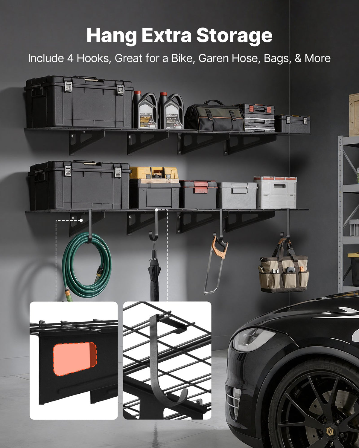 VEVOR 2-Tier Heavy Duty Wall Garage Shelving, 8 Pack 1 x 3 ft Steel Wall Mounted Shelving Unit with Hooks, 24 x 72 Inch Per Shelf Floating Storage Metal Rack, 1000 lbs Total Weight Capacity, Black - CKGBGSWGJ2475V9WE001V0 - view 7
