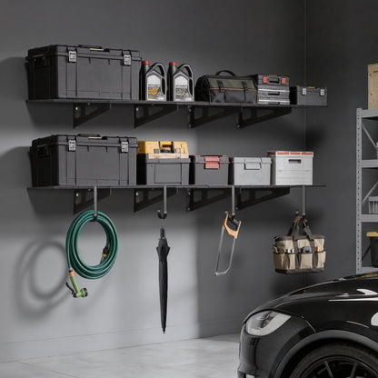 VEVOR 2-Tier Heavy Duty Wall Garage Shelving, 8 Pack 1 x 3 ft Steel Wall Mounted Shelving Unit with Hooks, 24 x 72 Inch Per Shelf Floating Storage Metal Rack, 1000 lbs Total Weight Capacity, Black - CKGBGSWGJ2475V9WE001V0 - view 9