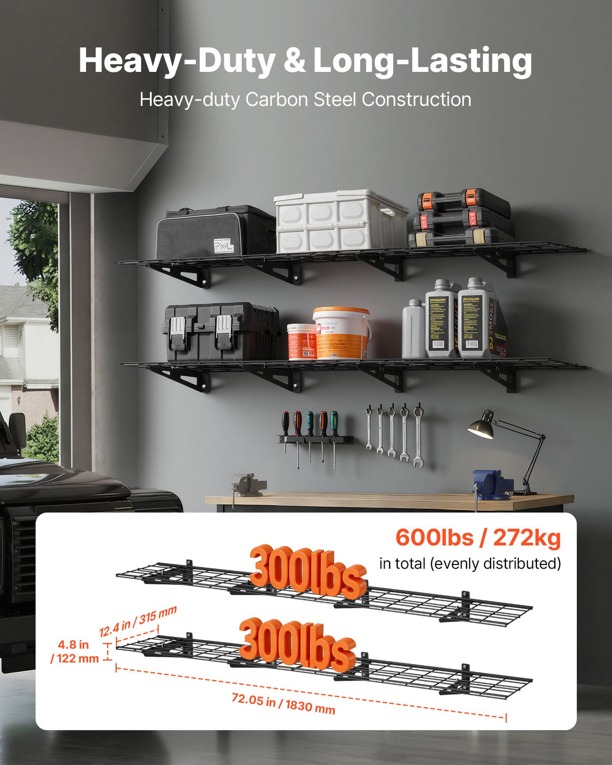 VEVOR 2-Tier Heavy Duty Wall Garage Shelving, 4 Pack 1 x 3 ft Steel Wall Mounted Shelving Unit, 12 x 72 Inch Per Shelf Floating Storage Metal Rack for Garage with 600 lbs Total Weight Capacity, Black - CKGBGSWGJDGJSS371001V0 - view 3