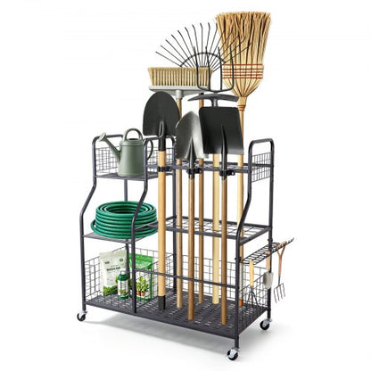 VEVOR Garden Tool Organizer with Wheels, Large Metal Garage Storage Rack, for Rakes/Shovels/Brooms, Yard Utility Tool Holder for Shed/Outdoor/Lawn Organization, Heavy-Duty Steel, with Hooks, Black - CKGJSNJDXJSC5B71W001V0 - view 2