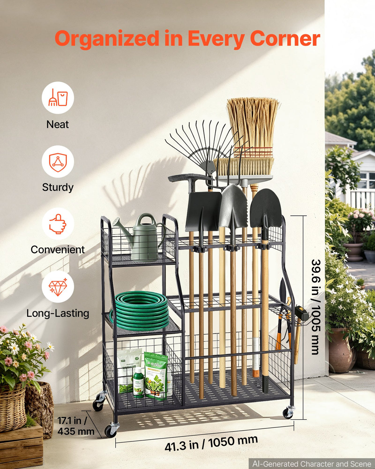 VEVOR Garden Tool Organizer with Wheels, Large Metal Garage Storage Rack, for Rakes/Shovels/Brooms, Yard Utility Tool Holder for Shed/Outdoor/Lawn Organization, Heavy-Duty Steel, with Hooks, Black - CKGJSNJDXJSC5B71W001V0 - view 3