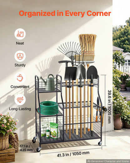 VEVOR Garden Tool Organizer with Wheels, Large Metal Garage Storage Rack, for Rakes/Shovels/Brooms, Yard Utility Tool Holder for Shed/Outdoor/Lawn Organization, Heavy-Duty Steel, with Hooks, Black - CKGJSNJDXJSC5B71W001V0 - view 3