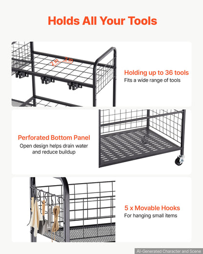 VEVOR Garden Tool Organizer with Wheels, Large Metal Garage Storage Rack, for Rakes/Shovels/Brooms, Yard Utility Tool Holder for Shed/Outdoor/Lawn Organization, Heavy-Duty Steel, with Hooks, Black - CKGJSNJDXJSC5B71W001V0 - view 4