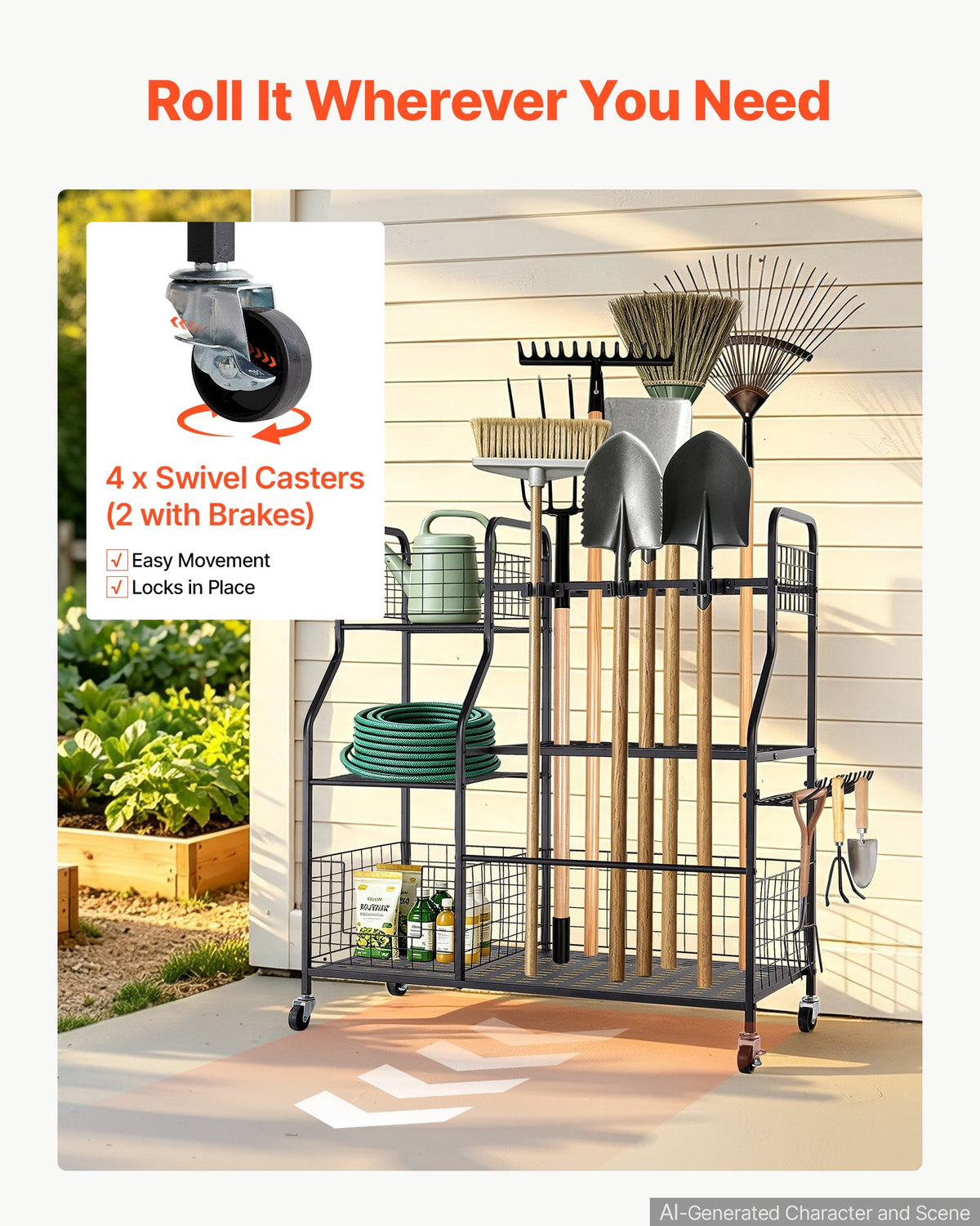VEVOR Garden Tool Organizer with Wheels, Large Metal Garage Storage Rack, for Rakes/Shovels/Brooms, Yard Utility Tool Holder for Shed/Outdoor/Lawn Organization, Heavy-Duty Steel, with Hooks, Black - CKGJSNJDXJSC5B71W001V0 - view 5