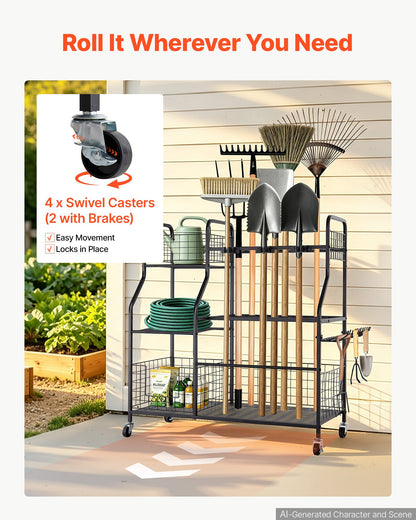 VEVOR Garden Tool Organizer with Wheels, Large Metal Garage Storage Rack, for Rakes/Shovels/Brooms, Yard Utility Tool Holder for Shed/Outdoor/Lawn Organization, Heavy-Duty Steel, with Hooks, Black - CKGJSNJDXJSC5B71W001V0 - view 5