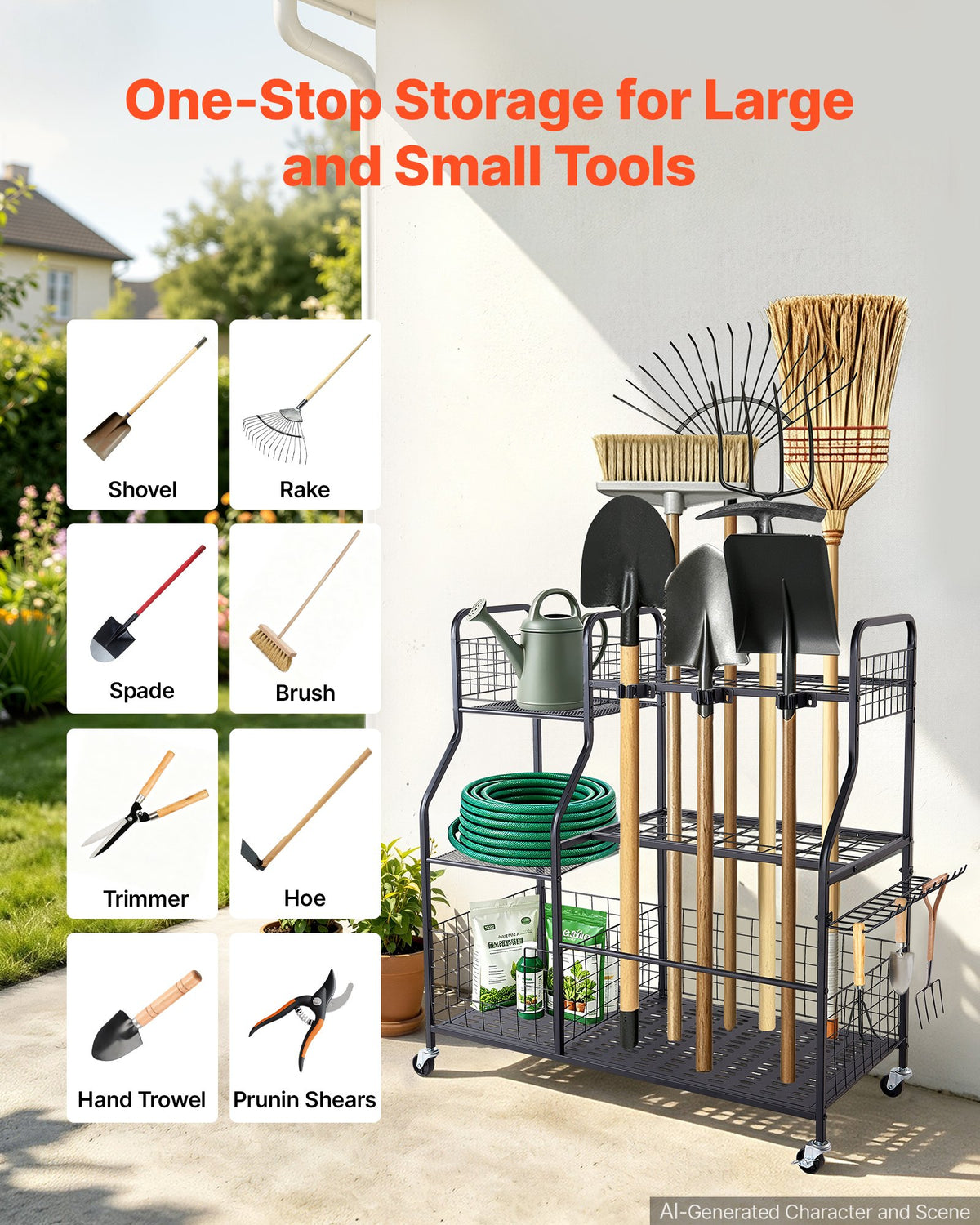VEVOR Garden Tool Organizer with Wheels, Large Metal Garage Storage Rack, for Rakes/Shovels/Brooms, Yard Utility Tool Holder for Shed/Outdoor/Lawn Organization, Heavy-Duty Steel, with Hooks, Black - CKGJSNJDXJSC5B71W001V0 - view 6