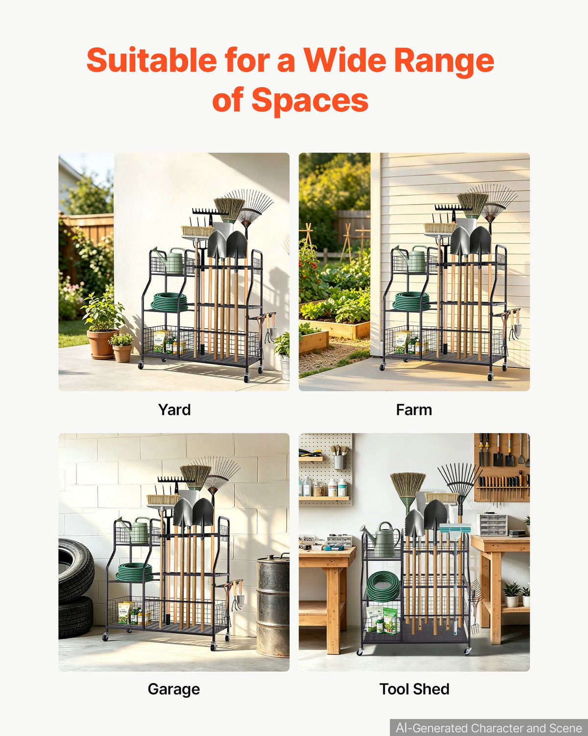 VEVOR Garden Tool Organizer with Wheels, Large Metal Garage Storage Rack, for Rakes/Shovels/Brooms, Yard Utility Tool Holder for Shed/Outdoor/Lawn Organization, Heavy-Duty Steel, with Hooks, Black - CKGJSNJDXJSC5B71W001V0 - view 7
