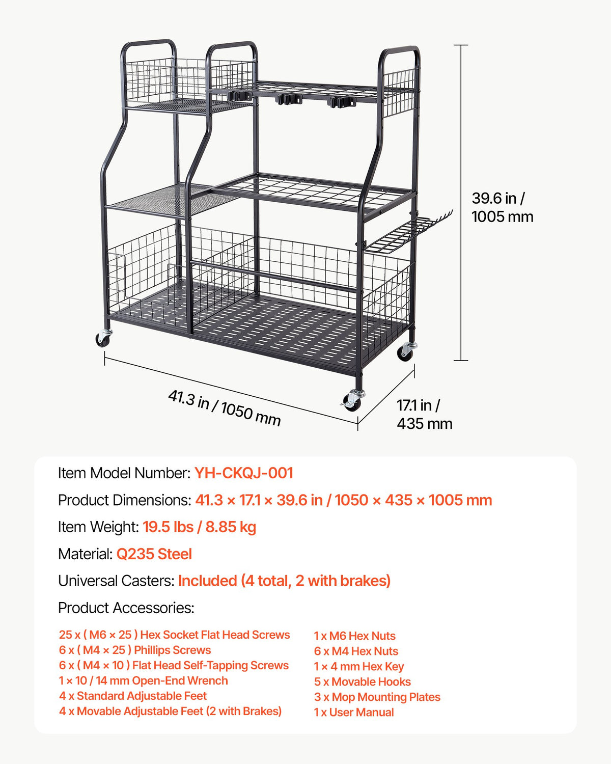 VEVOR Garden Tool Organizer with Wheels, Large Metal Garage Storage Rack, for Rakes/Shovels/Brooms, Yard Utility Tool Holder for Shed/Outdoor/Lawn Organization, Heavy-Duty Steel, with Hooks, Black - CKGJSNJDXJSC5B71W001V0 - view 8