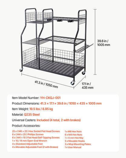 VEVOR Garden Tool Organizer with Wheels, Large Metal Garage Storage Rack, for Rakes/Shovels/Brooms, Yard Utility Tool Holder for Shed/Outdoor/Lawn Organization, Heavy-Duty Steel, with Hooks, Black - CKGJSNJDXJSC5B71W001V0 - view 8