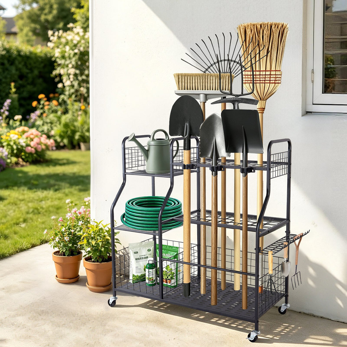 VEVOR Garden Tool Organizer with Wheels, Large Metal Garage Storage Rack, for Rakes/Shovels/Brooms, Yard Utility Tool Holder for Shed/Outdoor/Lawn Organization, Heavy-Duty Steel, with Hooks, Black - CKGJSNJDXJSC5B71W001V0 - view 9