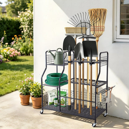 VEVOR Garden Tool Organizer with Wheels, Large Metal Garage Storage Rack, for Rakes/Shovels/Brooms, Yard Utility Tool Holder for Shed/Outdoor/Lawn Organization, Heavy-Duty Steel, with Hooks, Black - CKGJSNJDXJSC5B71W001V0 - view 9