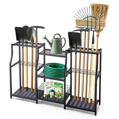 VEVOR Garden Tool Organizer, 3-Tier High-Capacity Metal Garage Storage Rack, for Rakes/Shovels/Brooms, Yard Utility Tool Holder for Shed/Outdoor/Lawn Organization, Heavy-Duty Steel, with Hooks, Black - CKGJSNJDXJSCGRV6U001V0 - view 1