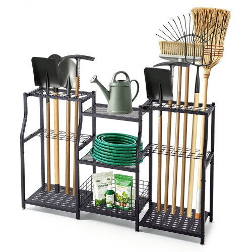 VEVOR Garden Tool Organizer, 3-Tier High-Capacity Metal Garage Storage Rack, for Rakes/Shovels/Brooms, Yard Utility Tool Holder for Shed/Outdoor/Lawn Organization, Heavy-Duty Steel, with Hooks, Black - CKGJSNJDXJSCGRV6U001V0 - view 2