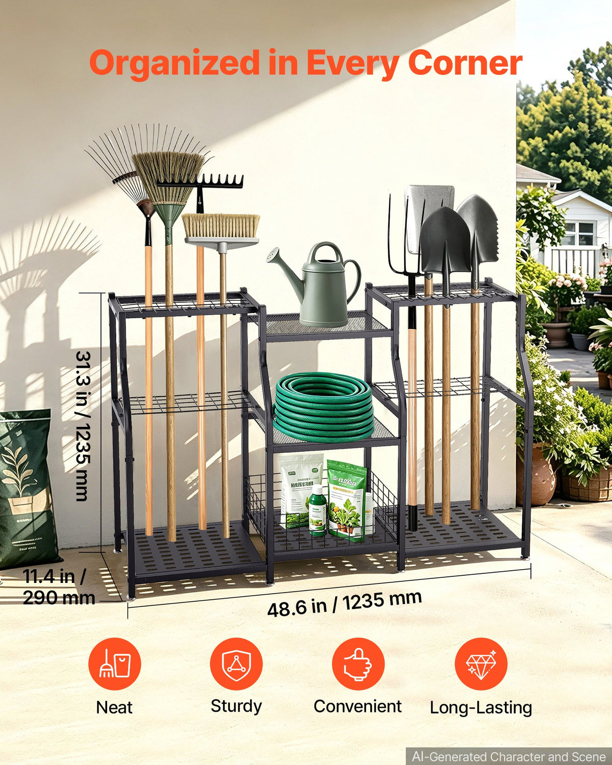 VEVOR Garden Tool Organizer, 3-Tier High-Capacity Metal Garage Storage Rack, for Rakes/Shovels/Brooms, Yard Utility Tool Holder for Shed/Outdoor/Lawn Organization, Heavy-Duty Steel, with Hooks, Black - CKGJSNJDXJSCGRV6U001V0 - view 3