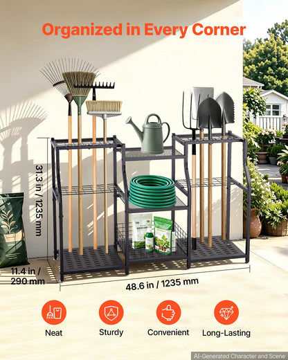 VEVOR Garden Tool Organizer, 3-Tier High-Capacity Metal Garage Storage Rack, for Rakes/Shovels/Brooms, Yard Utility Tool Holder for Shed/Outdoor/Lawn Organization, Heavy-Duty Steel, with Hooks, Black - CKGJSNJDXJSCGRV6U001V0 - view 3