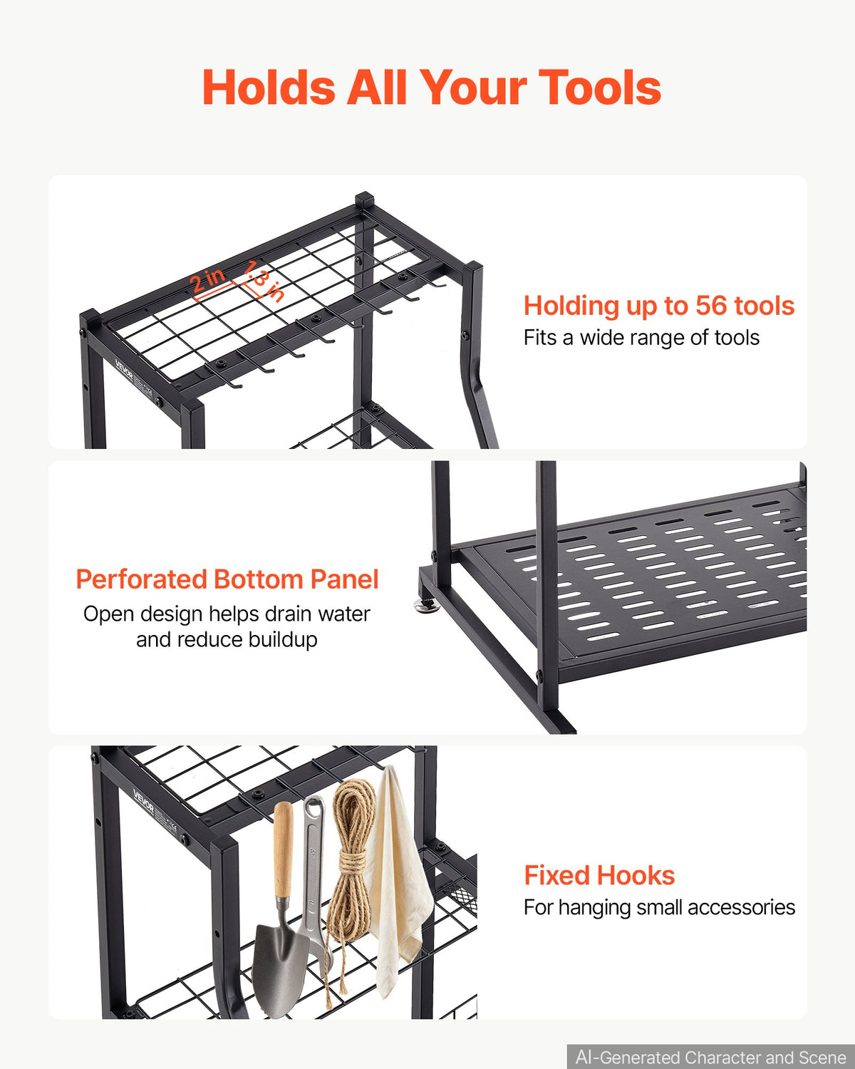 VEVOR Garden Tool Organizer, 3-Tier High-Capacity Metal Garage Storage Rack, for Rakes/Shovels/Brooms, Yard Utility Tool Holder for Shed/Outdoor/Lawn Organization, Heavy-Duty Steel, with Hooks, Black - CKGJSNJDXJSCGRV6U001V0 - view 4