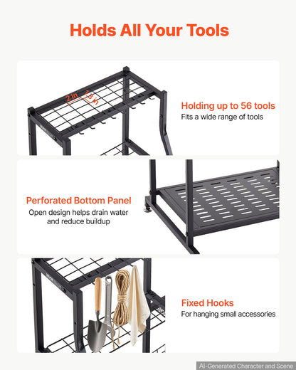 VEVOR Garden Tool Organizer, 3-Tier High-Capacity Metal Garage Storage Rack, for Rakes/Shovels/Brooms, Yard Utility Tool Holder for Shed/Outdoor/Lawn Organization, Heavy-Duty Steel, with Hooks, Black - CKGJSNJDXJSCGRV6U001V0 - view 4