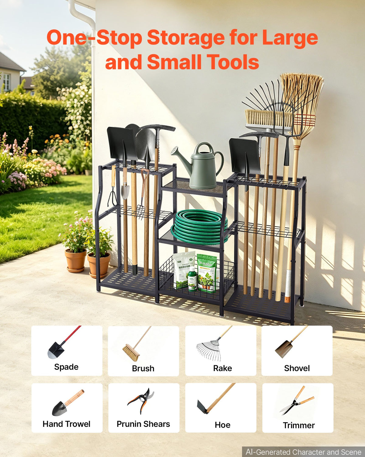 VEVOR Garden Tool Organizer, 3-Tier High-Capacity Metal Garage Storage Rack, for Rakes/Shovels/Brooms, Yard Utility Tool Holder for Shed/Outdoor/Lawn Organization, Heavy-Duty Steel, with Hooks, Black - CKGJSNJDXJSCGRV6U001V0 - view 6
