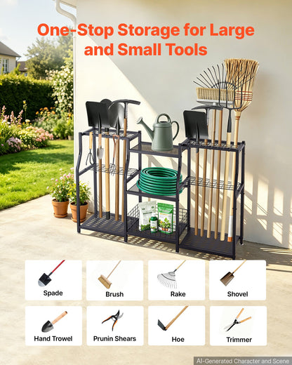 VEVOR Garden Tool Organizer, 3-Tier High-Capacity Metal Garage Storage Rack, for Rakes/Shovels/Brooms, Yard Utility Tool Holder for Shed/Outdoor/Lawn Organization, Heavy-Duty Steel, with Hooks, Black - CKGJSNJDXJSCGRV6U001V0 - view 6