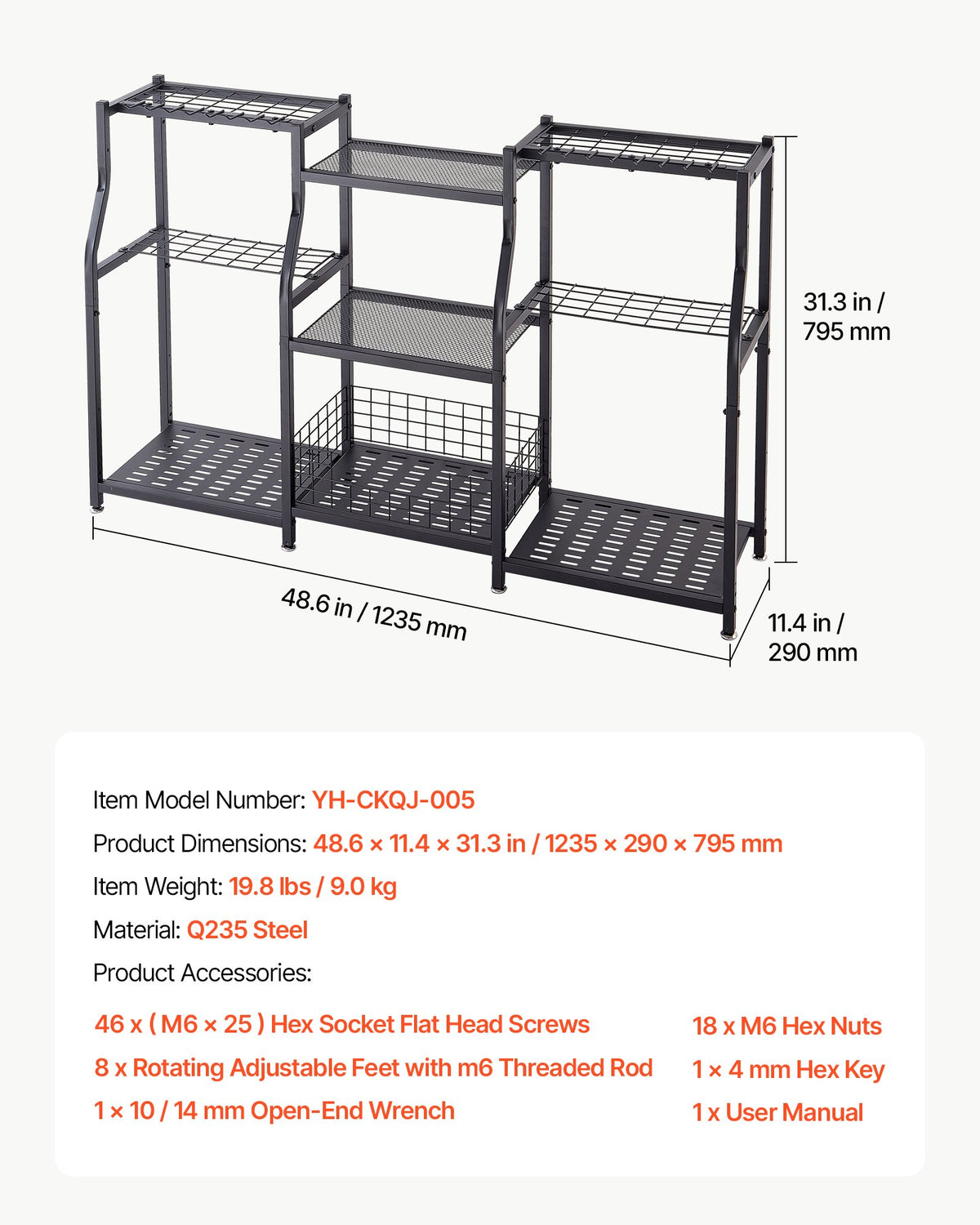 VEVOR Garden Tool Organizer, 3-Tier High-Capacity Metal Garage Storage Rack, for Rakes/Shovels/Brooms, Yard Utility Tool Holder for Shed/Outdoor/Lawn Organization, Heavy-Duty Steel, with Hooks, Black - CKGJSNJDXJSCGRV6U001V0 - view 8