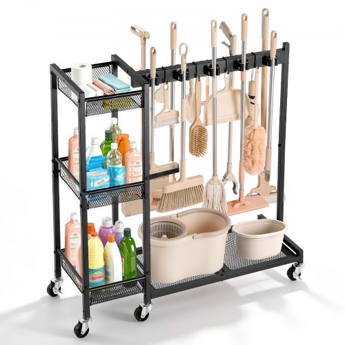 VEVOR Broom Holder with Cleaning Supplies Organizer, Garage Storage Metal, Cleaning Cart with Mop Hanger, for Home Brooms, Detergent, Brushes, Heavy-Duty Steel Utility Tool Holder, with Wheels, Black - CKGJSNJDXJSJ7JY4W001V0 - view 2