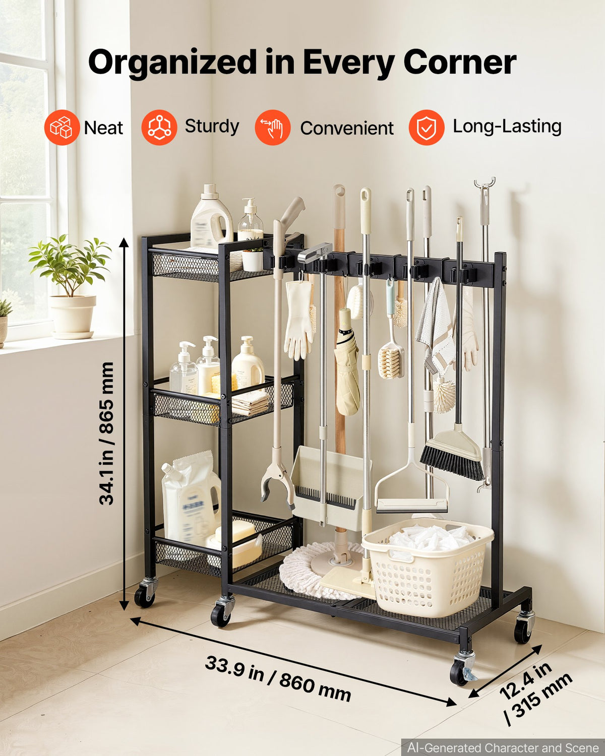 VEVOR Broom Holder with Cleaning Supplies Organizer, Garage Storage Metal, Cleaning Cart with Mop Hanger, for Home Brooms, Detergent, Brushes, Heavy-Duty Steel Utility Tool Holder, with Wheels, Black - CKGJSNJDXJSJ7JY4W001V0 - view 3