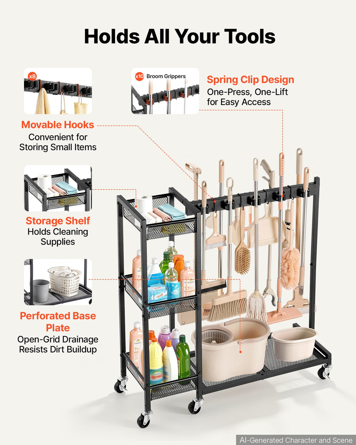 VEVOR Broom Holder with Cleaning Supplies Organizer, Garage Storage Metal, Cleaning Cart with Mop Hanger, for Home Brooms, Detergent, Brushes, Heavy-Duty Steel Utility Tool Holder, with Wheels, Black - CKGJSNJDXJSJ7JY4W001V0 - view 4