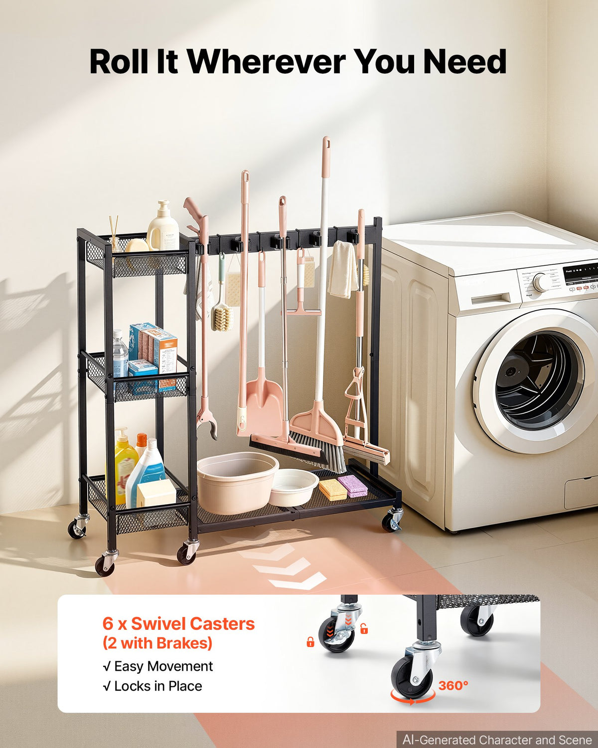 VEVOR Broom Holder with Cleaning Supplies Organizer, Garage Storage Metal, Cleaning Cart with Mop Hanger, for Home Brooms, Detergent, Brushes, Heavy-Duty Steel Utility Tool Holder, with Wheels, Black - CKGJSNJDXJSJ7JY4W001V0 - view 5