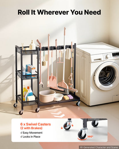 VEVOR Broom Holder with Cleaning Supplies Organizer, Garage Storage Metal, Cleaning Cart with Mop Hanger, for Home Brooms, Detergent, Brushes, Heavy-Duty Steel Utility Tool Holder, with Wheels, Black - CKGJSNJDXJSJ7JY4W001V0 - view 5