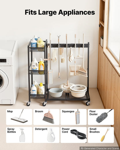 VEVOR Broom Holder with Cleaning Supplies Organizer, Garage Storage Metal, Cleaning Cart with Mop Hanger, for Home Brooms, Detergent, Brushes, Heavy-Duty Steel Utility Tool Holder, with Wheels, Black - CKGJSNJDXJSJ7JY4W001V0 - view 6
