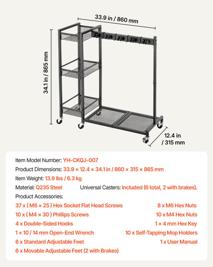 VEVOR Broom Holder with Cleaning Supplies Organizer, Garage Storage Metal, Cleaning Cart with Mop Hanger, for Home Brooms, Detergent, Brushes, Heavy-Duty Steel Utility Tool Holder, with Wheels, Black - CKGJSNJDXJSJ7JY4W001V0 - view 8