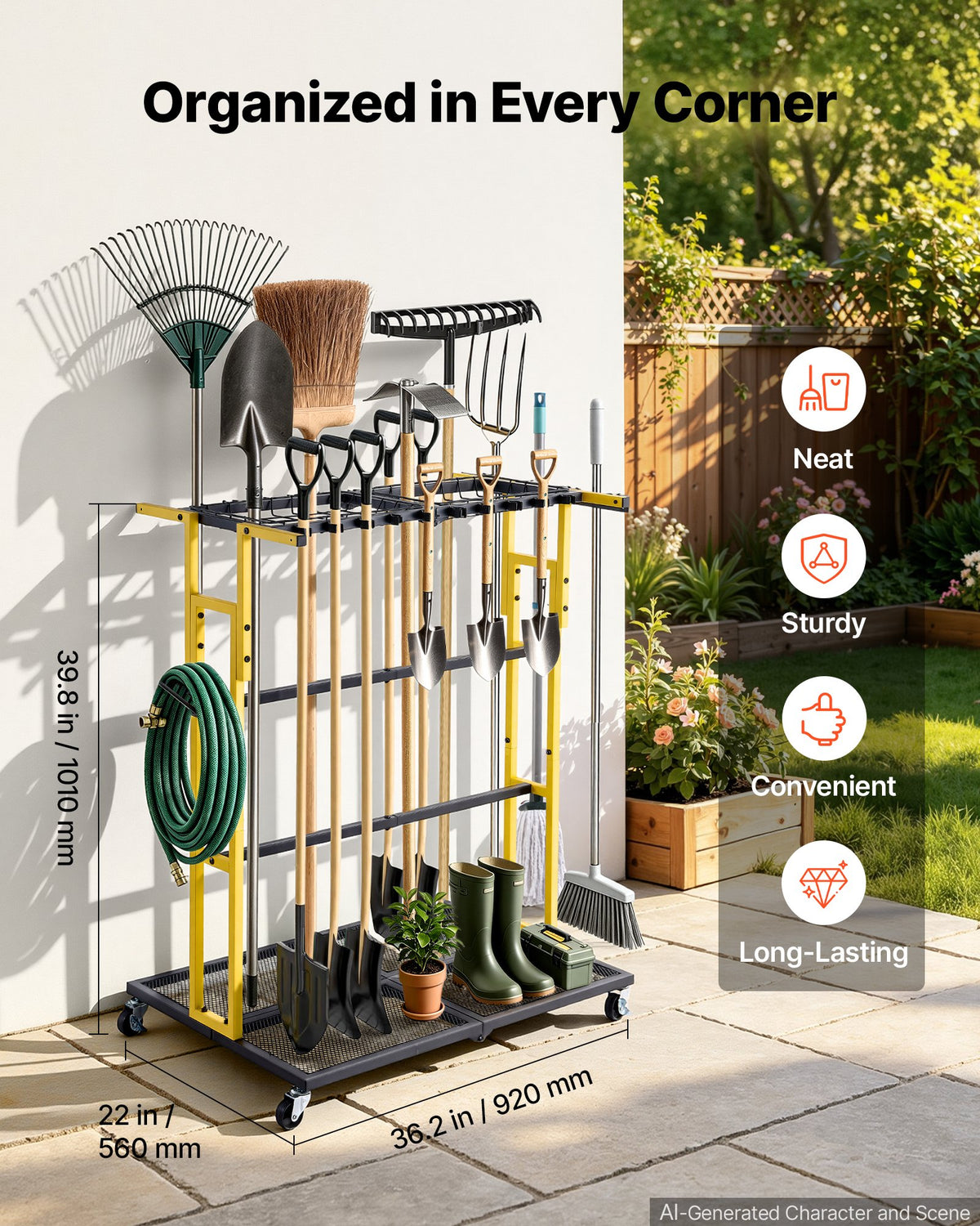 VEVOR Garden Tool Organizer with Wheels, Large Metal Garage Storage Rack, for Rakes/Shovels/Brooms/Long Farming Tools, Yard Utility Holder for Shed/Outdoor/Lawn Organization, Heavy-Duty Steel, Black - CKGJSNJDXJSJTM1PB001V0 - view 3