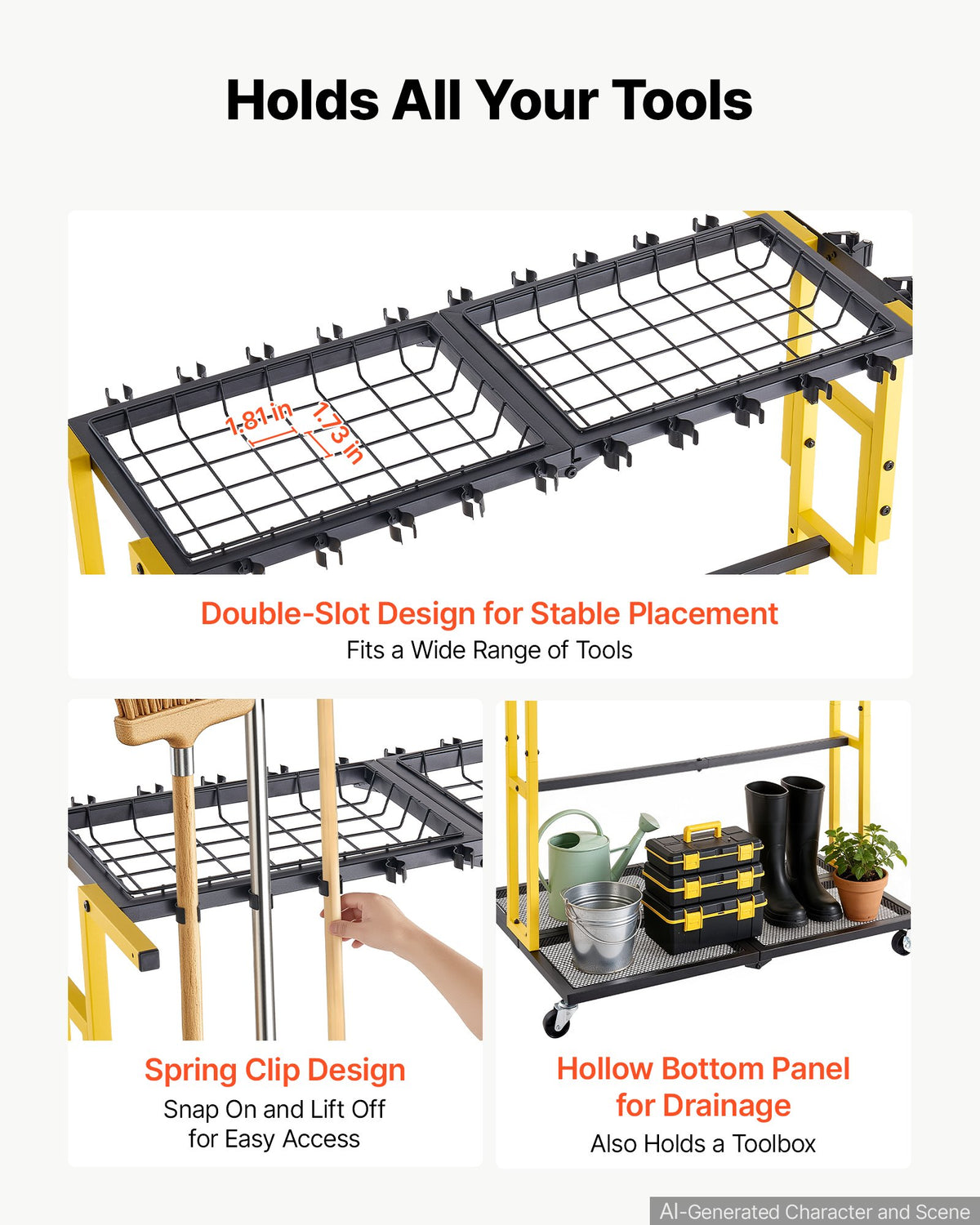 VEVOR Garden Tool Organizer with Wheels, Large Metal Garage Storage Rack, for Rakes/Shovels/Brooms/Long Farming Tools, Yard Utility Holder for Shed/Outdoor/Lawn Organization, Heavy-Duty Steel, Black - CKGJSNJDXJSJTM1PB001V0 - view 4