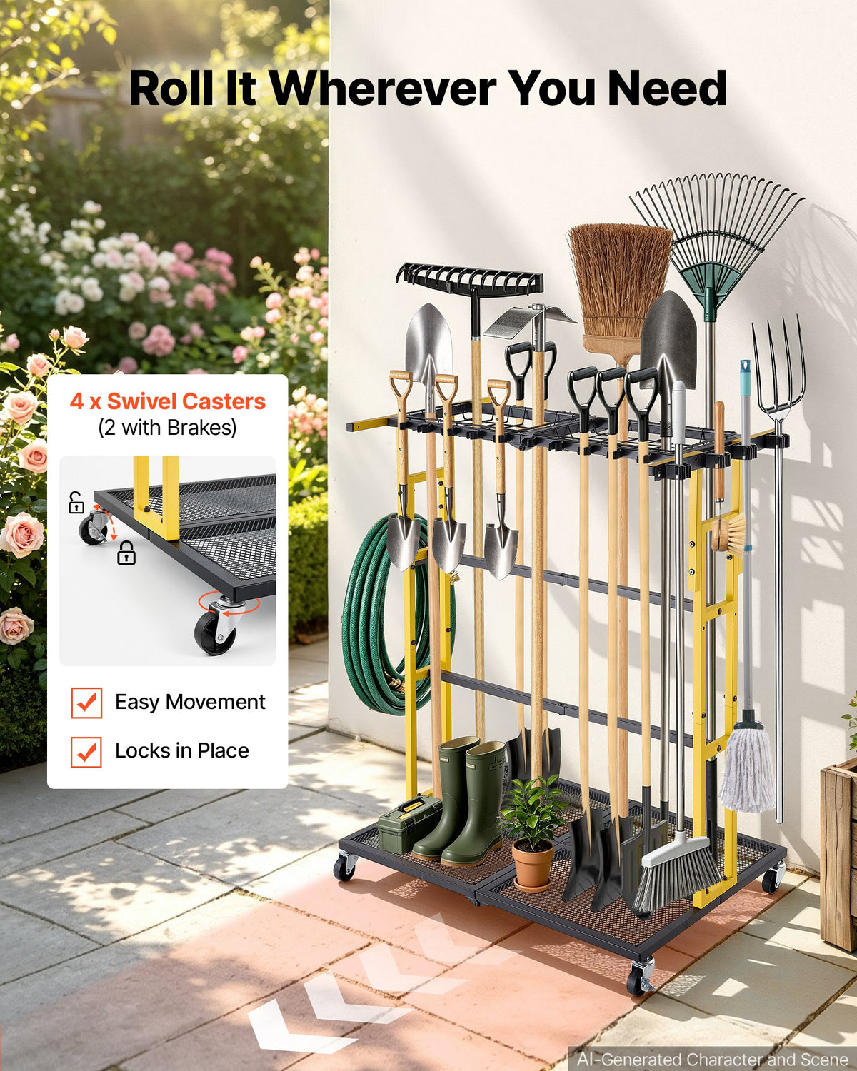 VEVOR Garden Tool Organizer with Wheels, Large Metal Garage Storage Rack, for Rakes/Shovels/Brooms/Long Farming Tools, Yard Utility Holder for Shed/Outdoor/Lawn Organization, Heavy-Duty Steel, Black - CKGJSNJDXJSJTM1PB001V0 - view 5