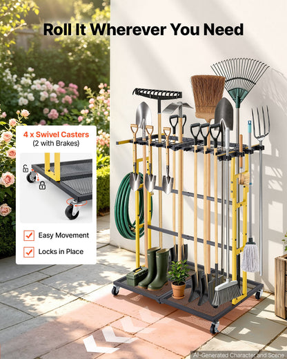 VEVOR Garden Tool Organizer with Wheels, Large Metal Garage Storage Rack, for Rakes/Shovels/Brooms/Long Farming Tools, Yard Utility Holder for Shed/Outdoor/Lawn Organization, Heavy-Duty Steel, Black - CKGJSNJDXJSJTM1PB001V0 - view 5