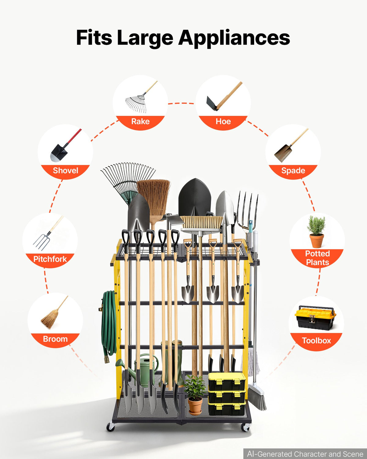 VEVOR Garden Tool Organizer with Wheels, Large Metal Garage Storage Rack, for Rakes/Shovels/Brooms/Long Farming Tools, Yard Utility Holder for Shed/Outdoor/Lawn Organization, Heavy-Duty Steel, Black - CKGJSNJDXJSJTM1PB001V0 - view 6
