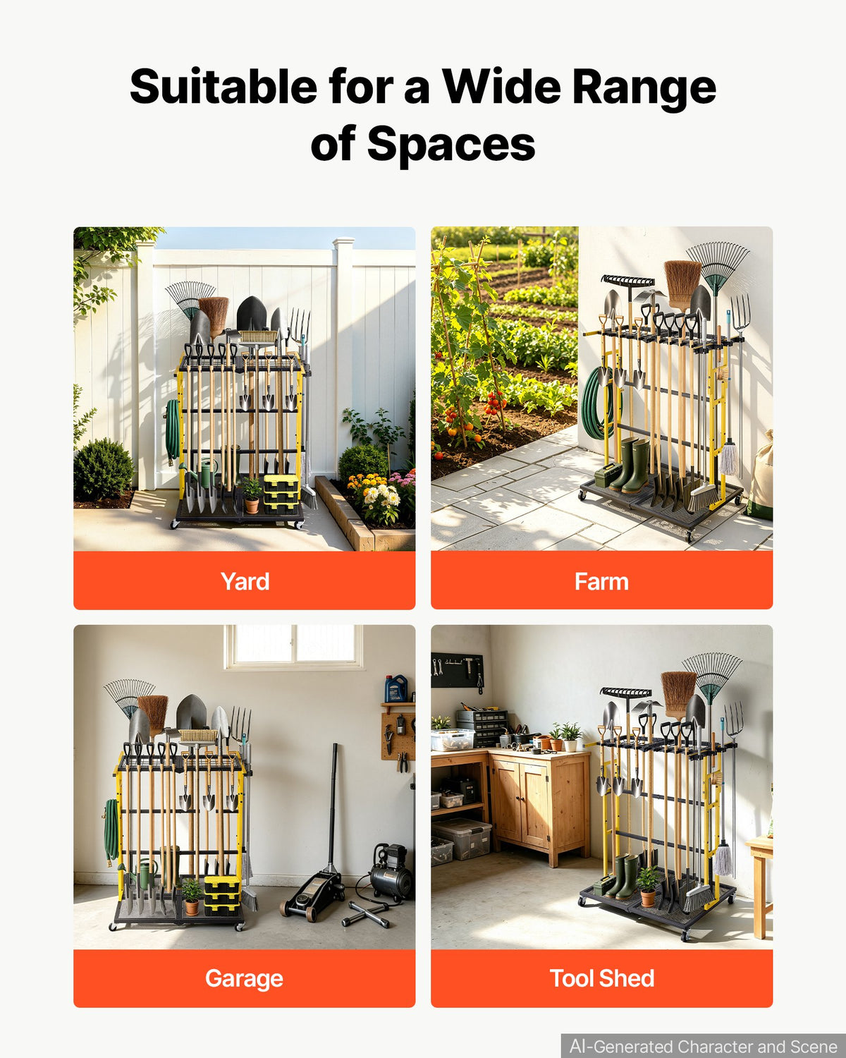 VEVOR Garden Tool Organizer with Wheels, Large Metal Garage Storage Rack, for Rakes/Shovels/Brooms/Long Farming Tools, Yard Utility Holder for Shed/Outdoor/Lawn Organization, Heavy-Duty Steel, Black - CKGJSNJDXJSJTM1PB001V0 - view 7