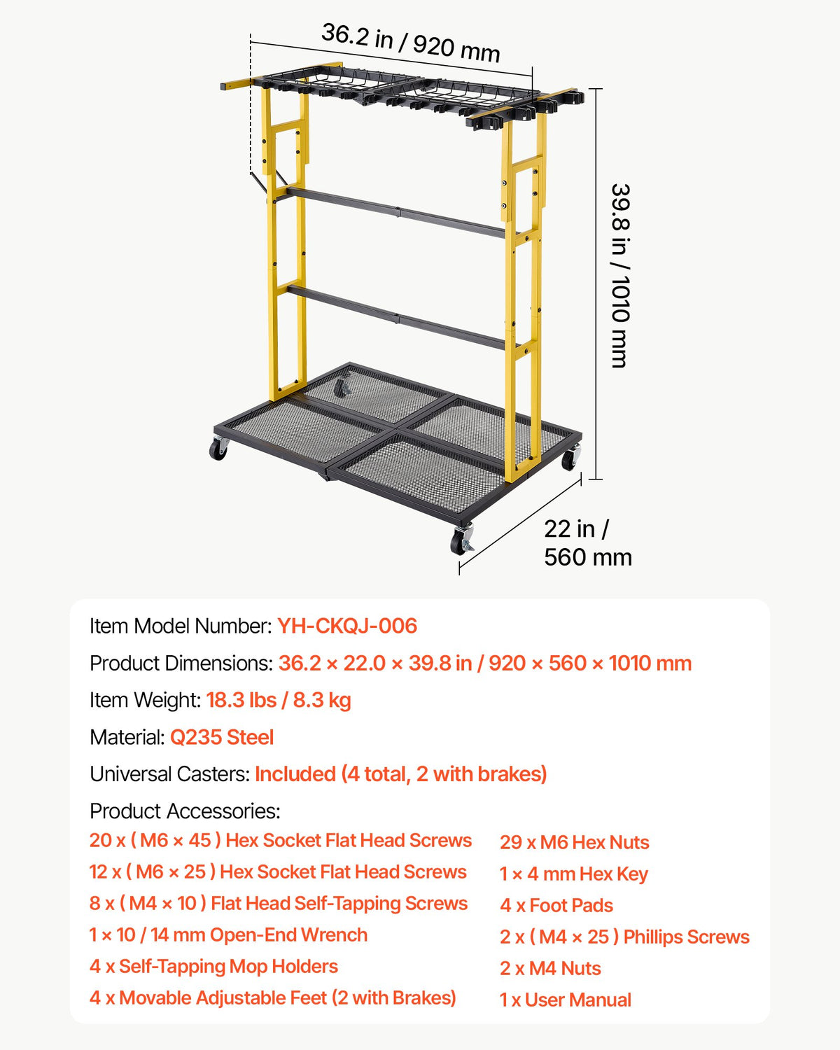 VEVOR Garden Tool Organizer with Wheels, Large Metal Garage Storage Rack, for Rakes/Shovels/Brooms/Long Farming Tools, Yard Utility Holder for Shed/Outdoor/Lawn Organization, Heavy-Duty Steel, Black - CKGJSNJDXJSJTM1PB001V0 - view 8