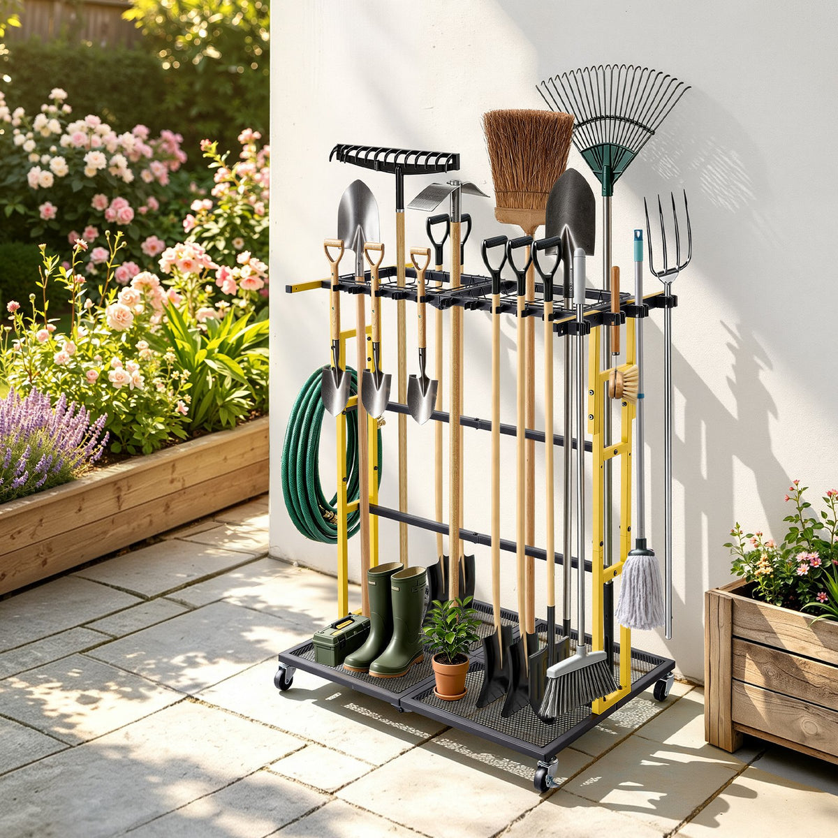 VEVOR Garden Tool Organizer with Wheels, Large Metal Garage Storage Rack, for Rakes/Shovels/Brooms/Long Farming Tools, Yard Utility Holder for Shed/Outdoor/Lawn Organization, Heavy-Duty Steel, Black - CKGJSNJDXJSJTM1PB001V0 - view 9