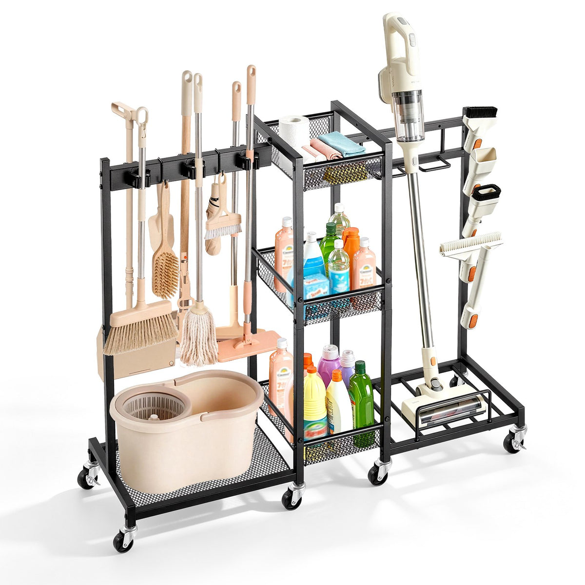 VEVOR Broom Holder with Cleaning Supplies Organizer, Metal Garage Storage, Cleaning Cart with Mop Hanger, for Home Broom, Detergent, Vacuum Cleaner, Heavy-Duty Steel Utility Holder, with Wheels, Black - CKGJSNJDXJSJW95MA001V0 - view 1