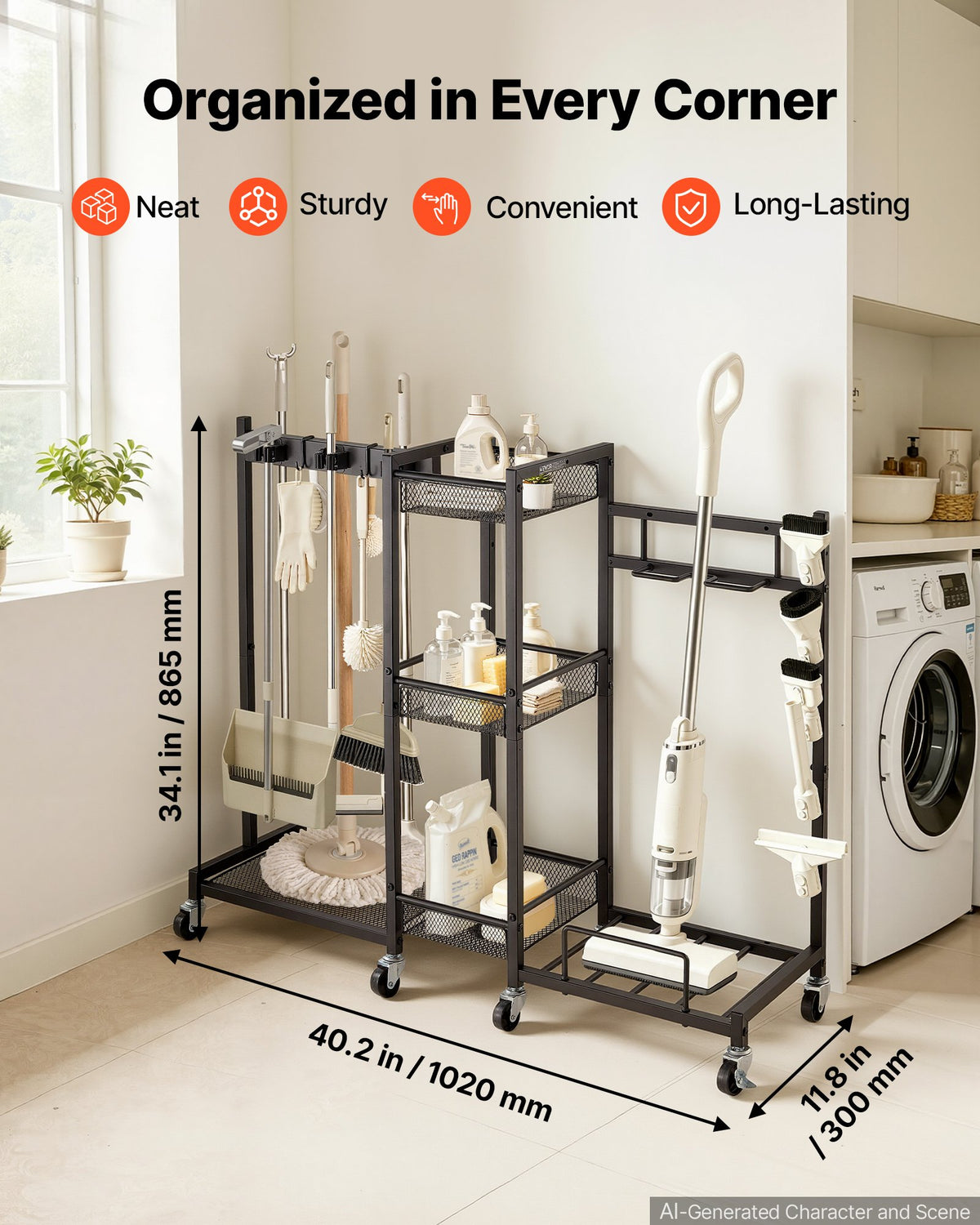 VEVOR Broom Holder with Cleaning Supplies Organizer, Metal Garage Storage, Cleaning Cart with Mop Hanger, for Home Broom, Detergent, Vacuum Cleaner, Heavy-Duty Steel Utility Holder, with Wheels, Black - CKGJSNJDXJSJW95MA001V0 - view 3