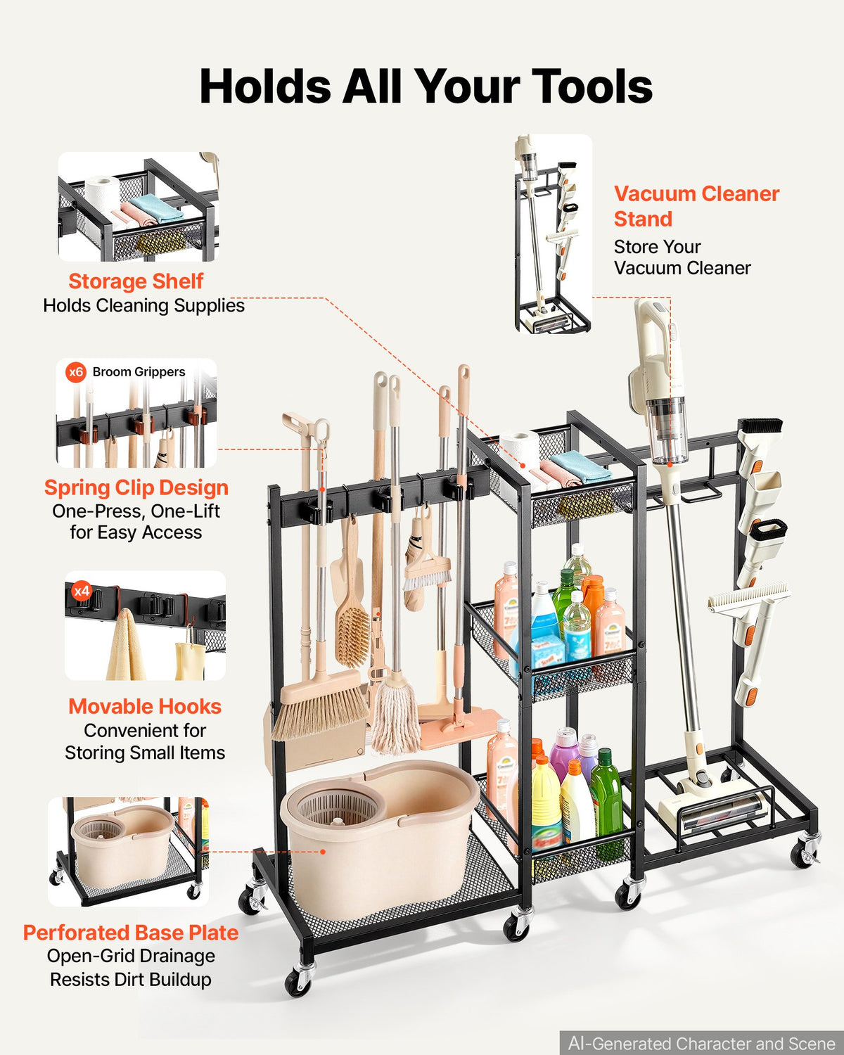 VEVOR Broom Holder with Cleaning Supplies Organizer, Metal Garage Storage, Cleaning Cart with Mop Hanger, for Home Broom, Detergent, Vacuum Cleaner, Heavy-Duty Steel Utility Holder, with Wheels, Black - CKGJSNJDXJSJW95MA001V0 - view 4