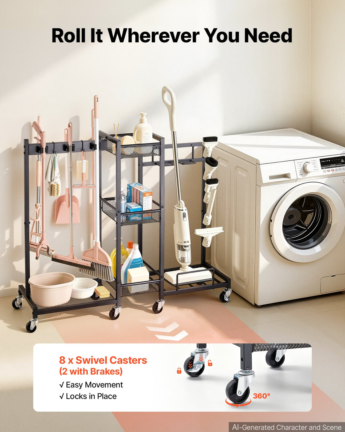 VEVOR Broom Holder with Cleaning Supplies Organizer, Metal Garage Storage, Cleaning Cart with Mop Hanger, for Home Broom, Detergent, Vacuum Cleaner, Heavy-Duty Steel Utility Holder, with Wheels, Black - CKGJSNJDXJSJW95MA001V0 - view 5