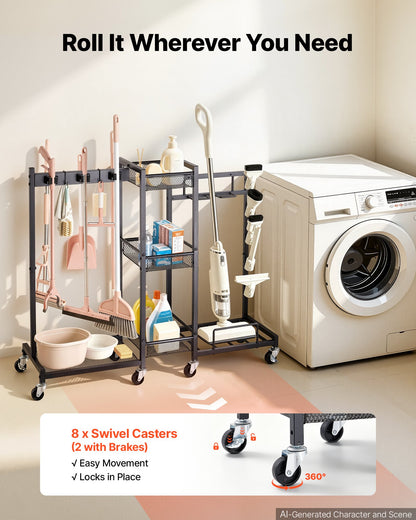 VEVOR Broom Holder with Cleaning Supplies Organizer, Metal Garage Storage, Cleaning Cart with Mop Hanger, for Home Broom, Detergent, Vacuum Cleaner, Heavy-Duty Steel Utility Holder, with Wheels, Black - CKGJSNJDXJSJW95MA001V0 - view 5