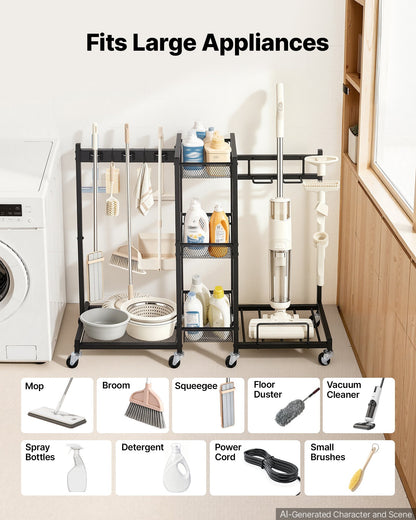 VEVOR Broom Holder with Cleaning Supplies Organizer, Metal Garage Storage, Cleaning Cart with Mop Hanger, for Home Broom, Detergent, Vacuum Cleaner, Heavy-Duty Steel Utility Holder, with Wheels, Black - CKGJSNJDXJSJW95MA001V0 - view 6